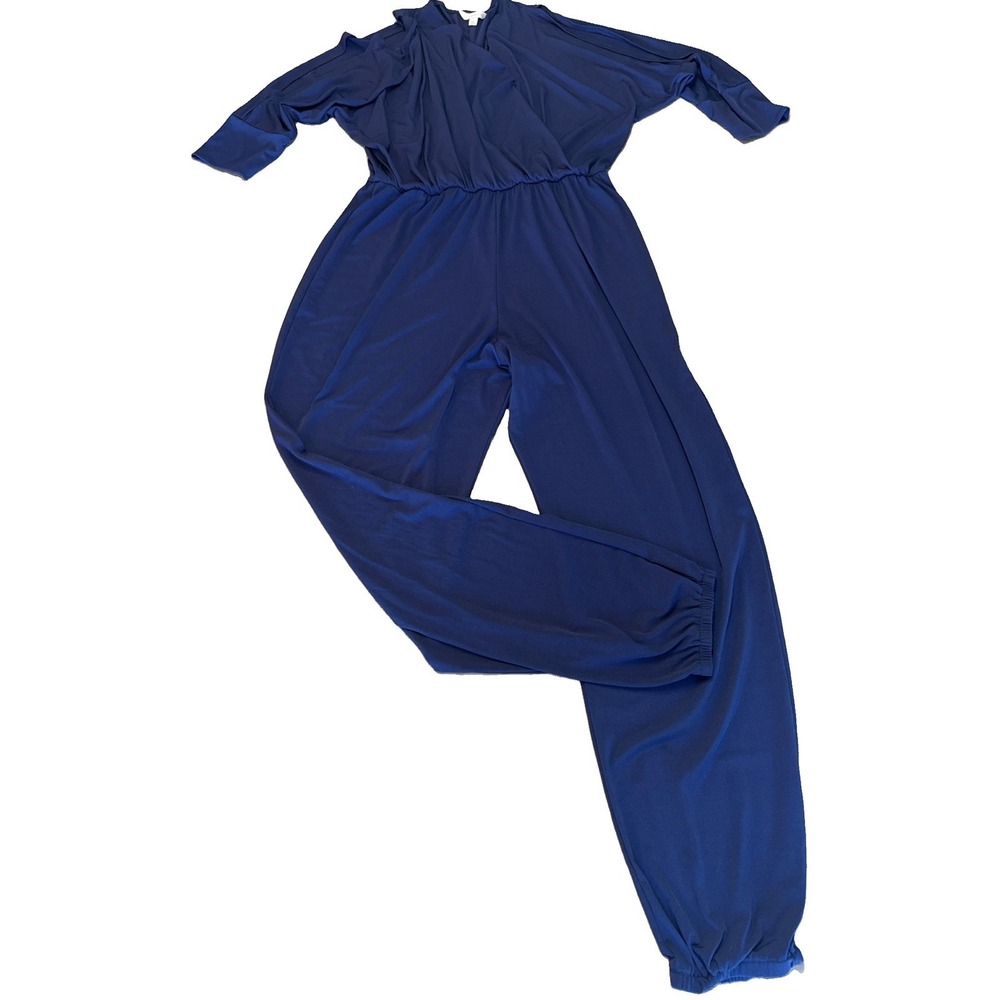 Charlotte Russe Pant Jumpsuit Slit 3/4 Sleeve Open V-Neck Women's size L Blue on